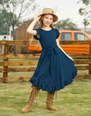 فستان KYMIDY للفتيات بأكمام مكشكشة متأرجحة للأطفال، فساتين كاجوال بحزام مع جيوب للفتيات من سن 6 إلى 12 سنة in Kuwait