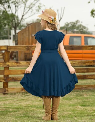 فستان KYMIDY للفتيات بأكمام مكشكشة متأرجحة للأطفال، فساتين كاجوال بحزام مع جيوب للفتيات من سن 6 إلى 12 سنة in Kuwait