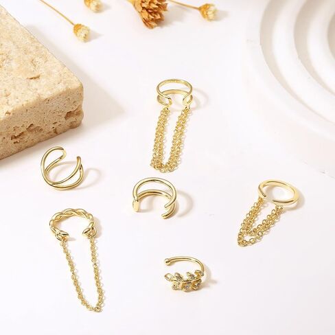 FIBO STEEL Ear Cuffs for Women 14K Gold Plated Cuff Earrings for non Pierced Gold Ear Cuffs Chain Ear Clips Jewelry 6Pcs in Saudi Arabia