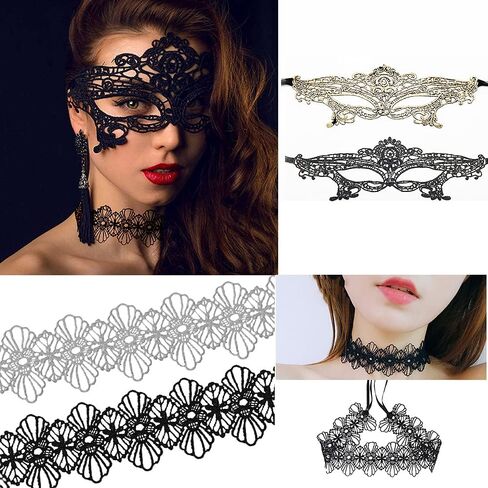 قناع تنكري فينيسي فاخر من الدانتيل الأسود والذهبي، مع 2 طوق من الدانتيل الأبيض والأسود من أجل فستان فاخر لعيد الميلاد وعيد الهالوين والحفلات التنكرية للفتيات والنساء (4 مجموعات) ... in Kuwait