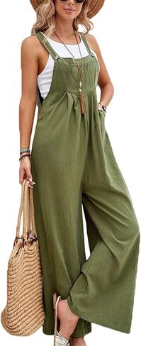 FuraHa Women's Cotton Linen Overalls Rompers Baggy Casual Loose Sleeveless Bib Wide Leg Long Pant Jumpsuit with Pockets in Kuwait