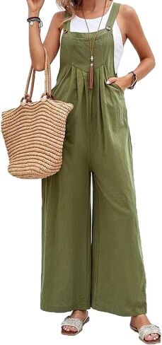 FuraHa Women's Cotton Linen Overalls Rompers Baggy Casual Loose Sleeveless Bib Wide Leg Long Pant Jumpsuit with Pockets in Kuwait