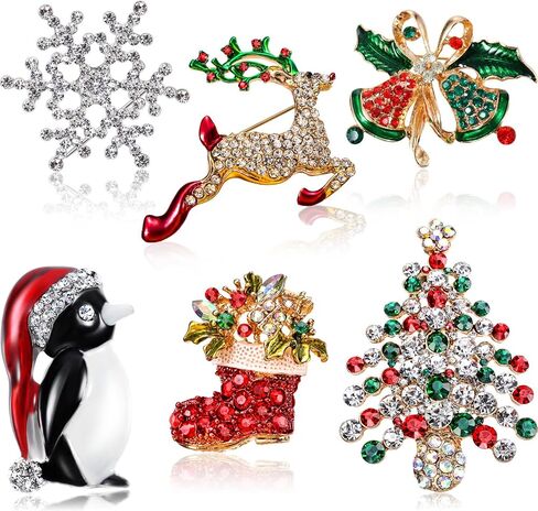 6 Pieces Rhinestone Crystal Christmas Brooch, Fashion Elegant Christmas Brooch Pins for Xmas Holiday Party Celebration, Snowflake, Penguin, Bell Bow Knot, Reindeer, Boots and Christmas Tree in Saudi Arabia