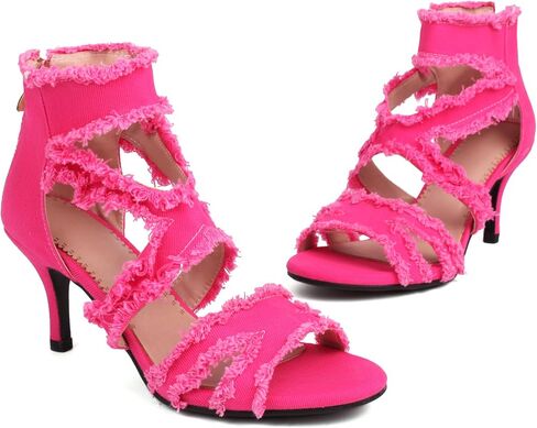 Women's Denim High Heeled Sandals Comfortable Open Toe Ankle Strap Stiletto | blue jeans fashion women shoes,denim tassel,zipper closure,kitten heel,soft cushion in Saudi Arabia