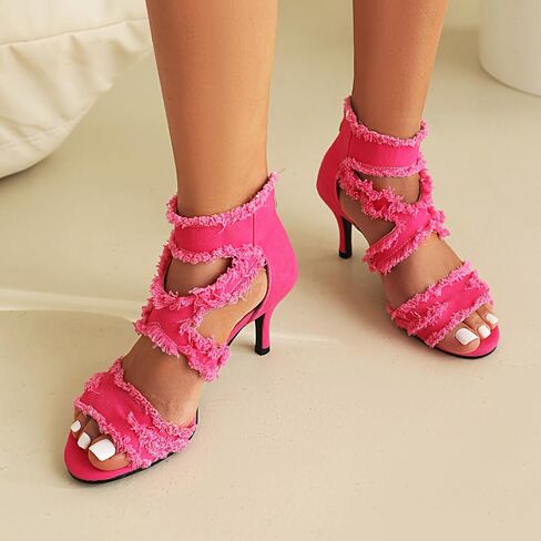 Women's Denim High Heeled Sandals Comfortable Open Toe Ankle Strap Stiletto | blue jeans fashion women shoes,denim tassel,zipper closure,kitten heel,soft cushion in Saudi Arabia