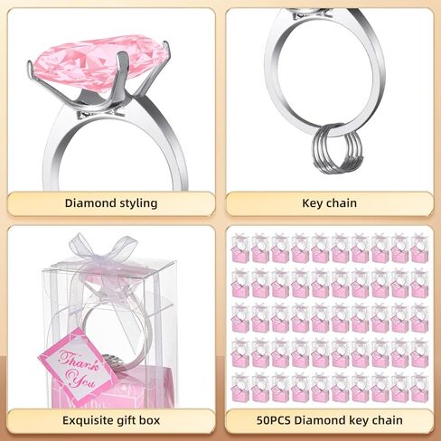 50 سلسلة مفاتيح على شكل خاتم ألماس مناسبة لهدايا الزفاف وهدايا الزفاف والديكورات وهدايا تعميد الأطفال والهدايا التذكارية (وردي) in Kuwait