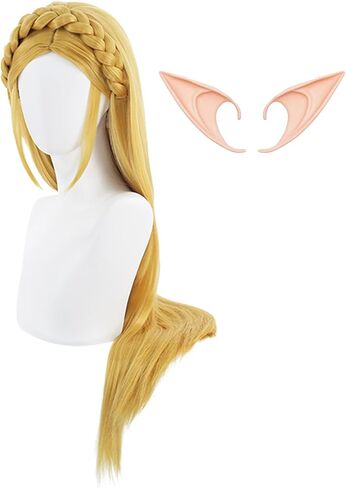 شعر مستعار كوزريا للهالوين مع آذان قزم للنساء شعر مستعار طويل أشقر مضفر من الرسوم المتحركة لحفلات الهالوين in Kuwait