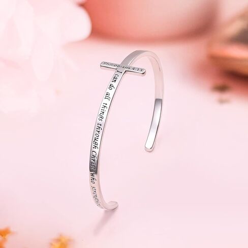DAOCHONG Sterling Silver Sideways Cross Bangle Faith Hope Love Cross Bangle Engraved Bracelet Love Heart Circle Bangle Bracelets for Women Sister Girlfriend Gift in Kuwait