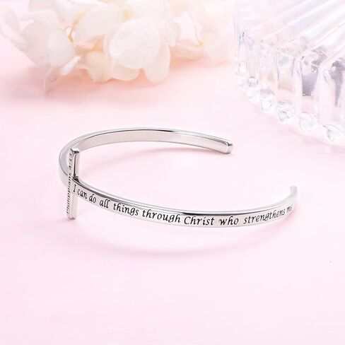 DAOCHONG Sterling Silver Sideways Cross Bangle Faith Hope Love Cross Bangle Engraved Bracelet Love Heart Circle Bangle Bracelets for Women Sister Girlfriend Gift in Kuwait