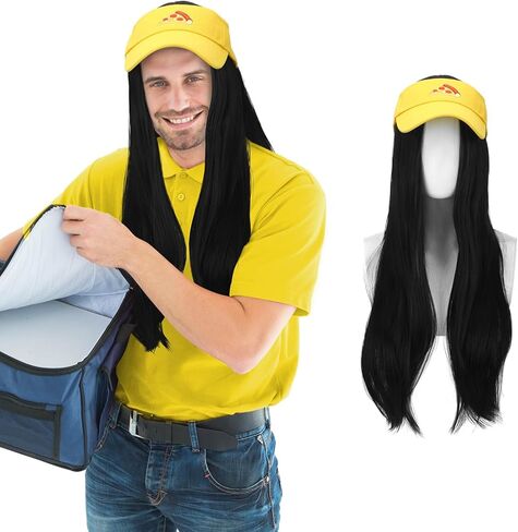 Tigeen 2 قطعة أزياء الهالوين بوي بيتزا للبالغين بطول 28 بوصة شعر مستعار أسود ومجموعة قناع بيتزا أصفر in Kuwait