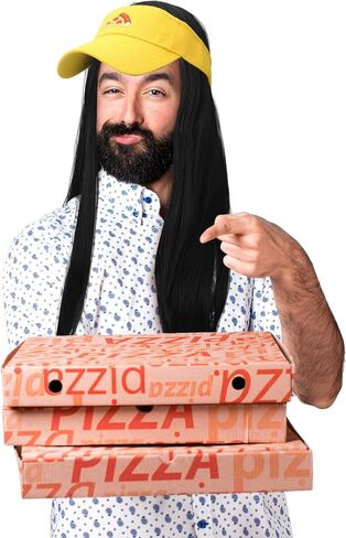 Tigeen 2 قطعة أزياء الهالوين بوي بيتزا للبالغين بطول 28 بوصة شعر مستعار أسود ومجموعة قناع بيتزا أصفر in Kuwait