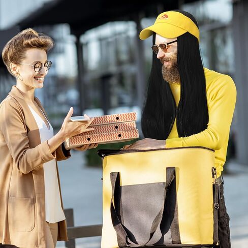 Tigeen 2 قطعة أزياء الهالوين بوي بيتزا للبالغين بطول 28 بوصة شعر مستعار أسود ومجموعة قناع بيتزا أصفر in Kuwait