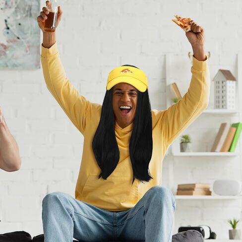 Tigeen 2 قطعة أزياء الهالوين بوي بيتزا للبالغين بطول 28 بوصة شعر مستعار أسود ومجموعة قناع بيتزا أصفر in Kuwait