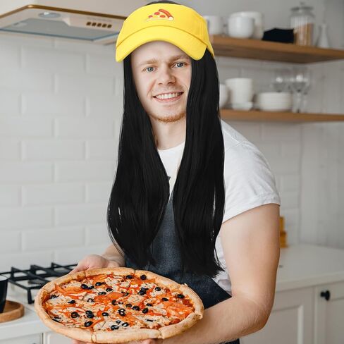 Tigeen 2 قطعة أزياء الهالوين بوي بيتزا للبالغين بطول 28 بوصة شعر مستعار أسود ومجموعة قناع بيتزا أصفر in Kuwait