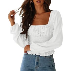 CNJFJ المرأة مثير هدب سموك المحاصيل الأعلى ريترو مربع الرقبة طويلة الأكمام Shired بلوزة قمم in Kuwait