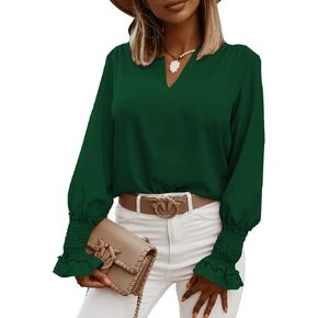 LYANER Women's V Neck Shirred Bell Long Sleeve Blouse Casual Tunic Top in Kuwait