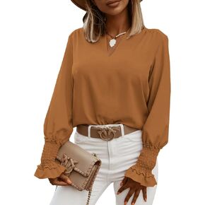 LYANER Women's V Neck Shirred Bell Long Sleeve Blouse Casual Tunic Top