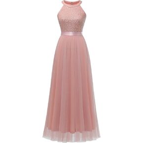 Dressystar Women's Spring Long Formal Dress Wedding Guest Dress 2024 Halter Lace Dress Bridesmaid Cocktail Party Prom Gown