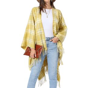 شالات نسائية منقوشة من SY Soul Young تلتف دافئة على شكل معطف Ruana Cape مفتوح من الأمام لخريف وشتاء in Kuwait