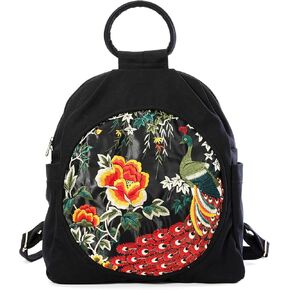 حقيبة ظهر كاجوال عصرية مطرزة بنمط فينتاج للنساء، حقيبة ظهر للسفر من القماش حقيبة كتف حقيبة يد in Kuwait