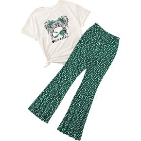 ملابس COZYEASE للفتيات مكونة من قطعتين تي شيرت مطبوع بأكمام قصيرة تي شيرت صيفي تي شيرت وسراويل واسعة in Kuwait