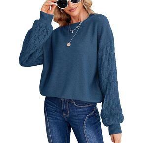 Miessial Women's Oversized Chunky Cable Knit Sweater Lantern Sleeve Pullover Sweaters Fall Winter Crew Neck Loose Jumper Top