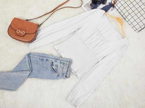 CNJFJ المرأة مثير هدب سموك المحاصيل الأعلى ريترو مربع الرقبة طويلة الأكمام Shired بلوزة قمم in Kuwait