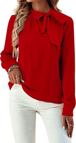 Umenlele Women's Elegant Tie Knot Mock Neck Ruched Long Sleeve Blouse Shirt Top in Saudi Arabia