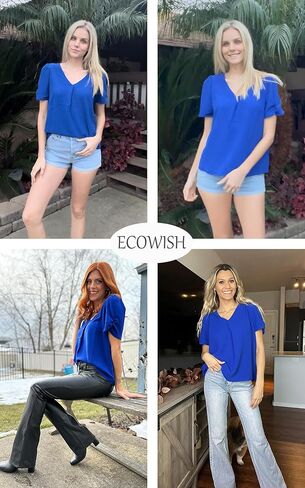 بلوزات نسائية بأكمام قصيرة من ECOWISH: بلوزات عمل غير رسمية برقبة على شكل V 2024 قميص فضفاض أنيق للربيع تونيك بطيات لطيف بلون سادة in Kuwait