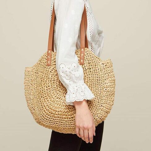 Straw Handbags Women Handwoven Round Corn Straw Bags Natural Chic Hand Large Summer Beach Tote Woven Handle Shoulder Bag in Saudi Arabia