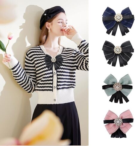 FASELE Pearl Bow Brooch Pre Tied Neck Tie Brooch Pin Clip Ribbon Plaid Bow Tie for Women Wedding Party in Saudi Arabia