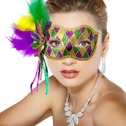 قناع ريش Ausejopeac Mardi Gras للنساء، ريش ترتر بنفسجي وأخضر وذهبي، كرة تنكرية البندقية أو قناع الحفلات التنكرية in Kuwait
