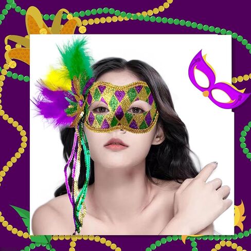 قناع ريش Ausejopeac Mardi Gras للنساء، ريش ترتر بنفسجي وأخضر وذهبي، كرة تنكرية البندقية أو قناع الحفلات التنكرية in Kuwait