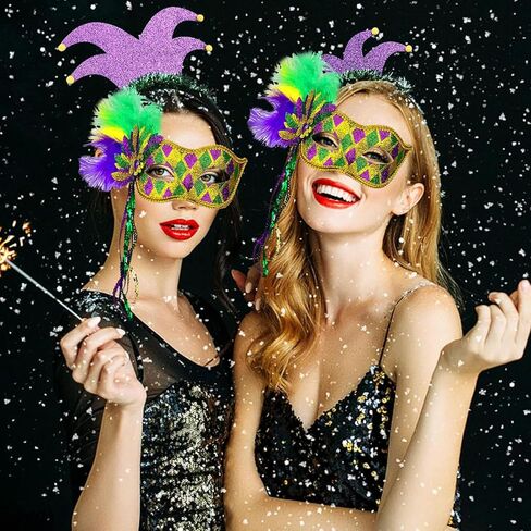 قناع ريش Ausejopeac Mardi Gras للنساء، ريش ترتر بنفسجي وأخضر وذهبي، كرة تنكرية البندقية أو قناع الحفلات التنكرية in Kuwait