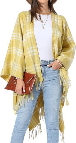 شالات نسائية منقوشة من SY Soul Young تلتف دافئة على شكل معطف Ruana Cape مفتوح من الأمام لخريف وشتاء in Kuwait