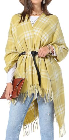 شالات نسائية منقوشة من SY Soul Young تلتف دافئة على شكل معطف Ruana Cape مفتوح من الأمام لخريف وشتاء in Kuwait