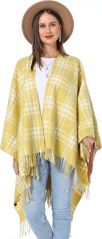 شالات نسائية منقوشة من SY Soul Young تلتف دافئة على شكل معطف Ruana Cape مفتوح من الأمام لخريف وشتاء in Kuwait