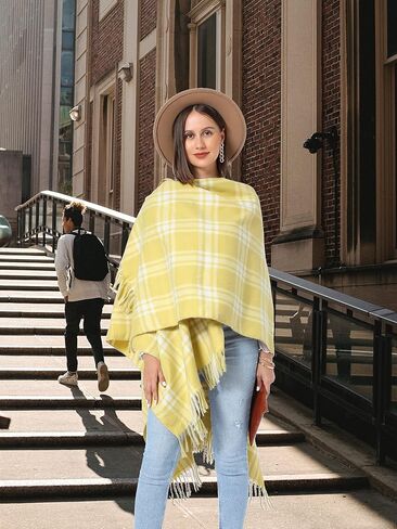 شالات نسائية منقوشة من SY Soul Young تلتف دافئة على شكل معطف Ruana Cape مفتوح من الأمام لخريف وشتاء in Kuwait