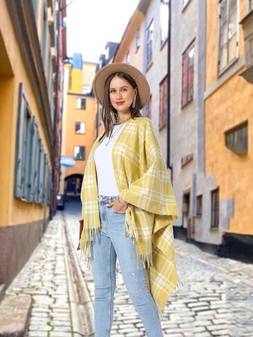 شالات نسائية منقوشة من SY Soul Young تلتف دافئة على شكل معطف Ruana Cape مفتوح من الأمام لخريف وشتاء in Kuwait