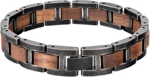 HUTAOMU Wooden Bracelets Mens Women,Walnut with Stainless Steel Bracelet Links,Gift Box Included - Unique Link Bracelet for Anniversary, Birthday, Wedding, Graduation in Saudi Arabia