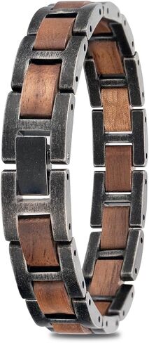 HUTAOMU Wooden Bracelets Mens Women,Walnut with Stainless Steel Bracelet Links,Gift Box Included - Unique Link Bracelet for Anniversary, Birthday, Wedding, Graduation in Saudi Arabia