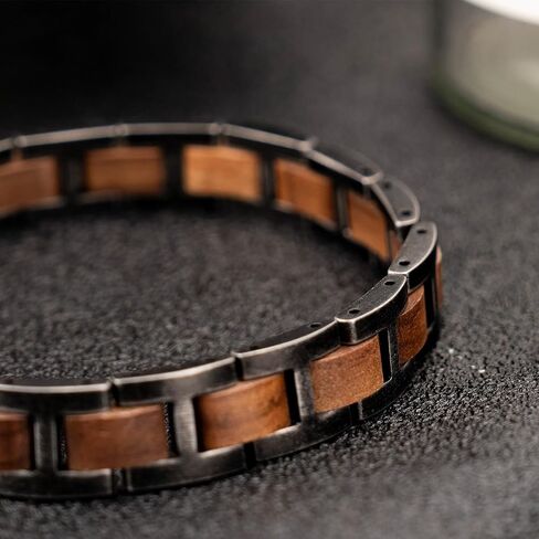 HUTAOMU Wooden Bracelets Mens Women,Walnut with Stainless Steel Bracelet Links,Gift Box Included - Unique Link Bracelet for Anniversary, Birthday, Wedding, Graduation in Saudi Arabia