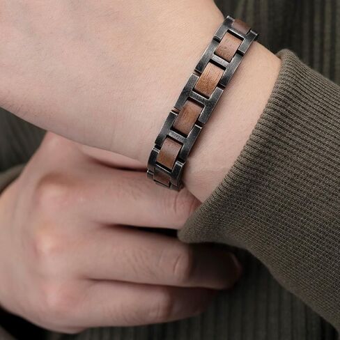 HUTAOMU Wooden Bracelets Mens Women,Walnut with Stainless Steel Bracelet Links,Gift Box Included - Unique Link Bracelet for Anniversary, Birthday, Wedding, Graduation in Saudi Arabia