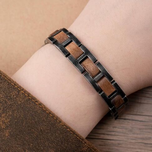 HUTAOMU Wooden Bracelets Mens Women,Walnut with Stainless Steel Bracelet Links,Gift Box Included - Unique Link Bracelet for Anniversary, Birthday, Wedding, Graduation in Saudi Arabia