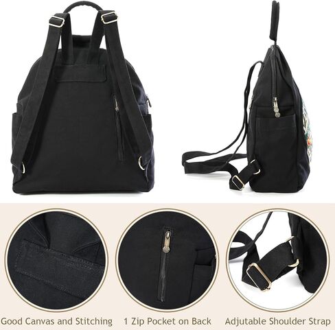 حقيبة ظهر كاجوال عصرية مطرزة بنمط فينتاج للنساء، حقيبة ظهر للسفر من القماش حقيبة كتف حقيبة يد in Kuwait