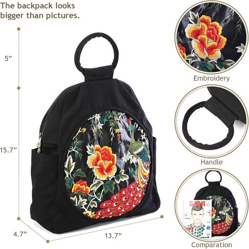 حقيبة ظهر كاجوال عصرية مطرزة بنمط فينتاج للنساء، حقيبة ظهر للسفر من القماش حقيبة كتف حقيبة يد in Kuwait