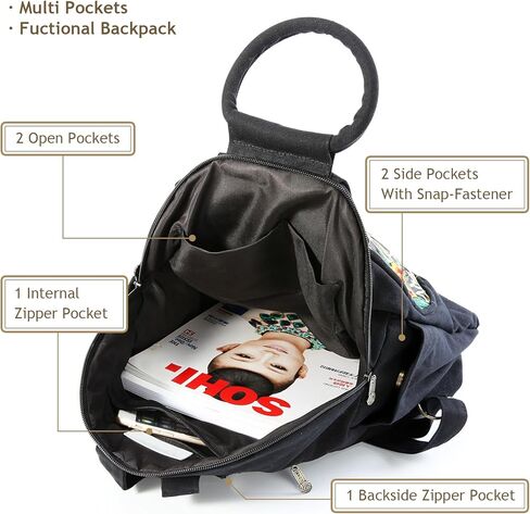 حقيبة ظهر كاجوال عصرية مطرزة بنمط فينتاج للنساء، حقيبة ظهر للسفر من القماش حقيبة كتف حقيبة يد in Kuwait