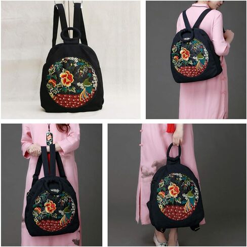 حقيبة ظهر كاجوال عصرية مطرزة بنمط فينتاج للنساء، حقيبة ظهر للسفر من القماش حقيبة كتف حقيبة يد in Kuwait