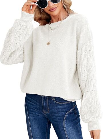Miessial Women's Oversized Chunky Cable Knit Sweater Lantern Sleeve Pullover Sweaters Fall Winter Crew Neck Loose Jumper Top in Kuwait