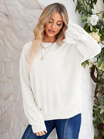 Miessial Women's Oversized Chunky Cable Knit Sweater Lantern Sleeve Pullover Sweaters Fall Winter Crew Neck Loose Jumper Top in Kuwait